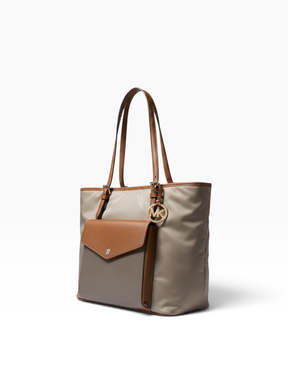 Michael Kors Taupe Tote with Brown Leather Trim and Front Pocket